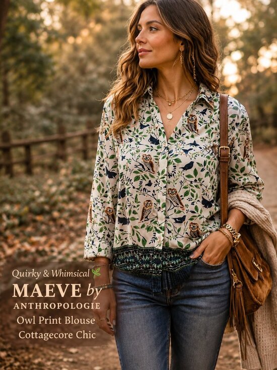Maeve Tops - Maeve Anthropologie Blouse Owl Print Long Sleeve S Boho Cottagecore  Button